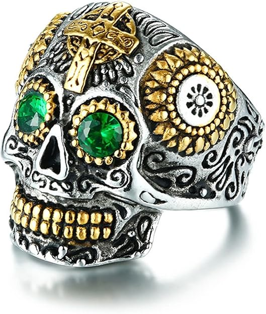AnazoZ Anillo Acero Inoxidable Hombre Calavera Anillo Cruz Calavera Anillo Hombre Oro Verde Plata Anillo Talla 20-30