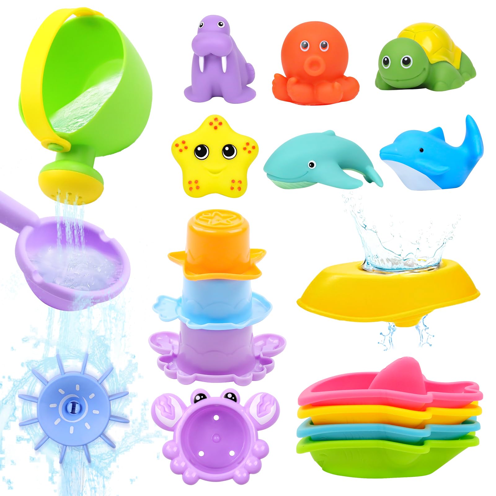 Toddler Bath Toys Age 1–4, 16PCS Water Toys Set with Watering Can, Boats, Squeeze Toys & Stacking Cups – Fun Pool Toys for Kids Boys Girls