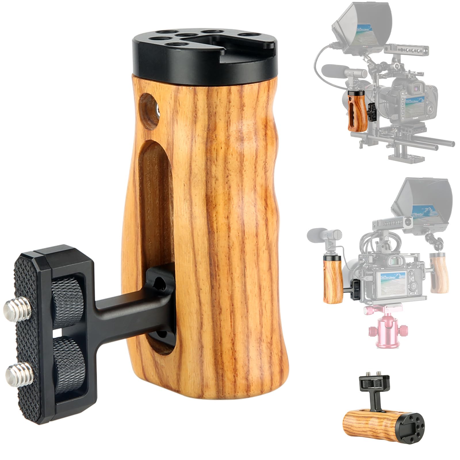 NICEYRIG Wooden Handle Grip with Built-in Cold Shoe and Threaded Holes for Camera Cage Shoulder Mount Support Rig System