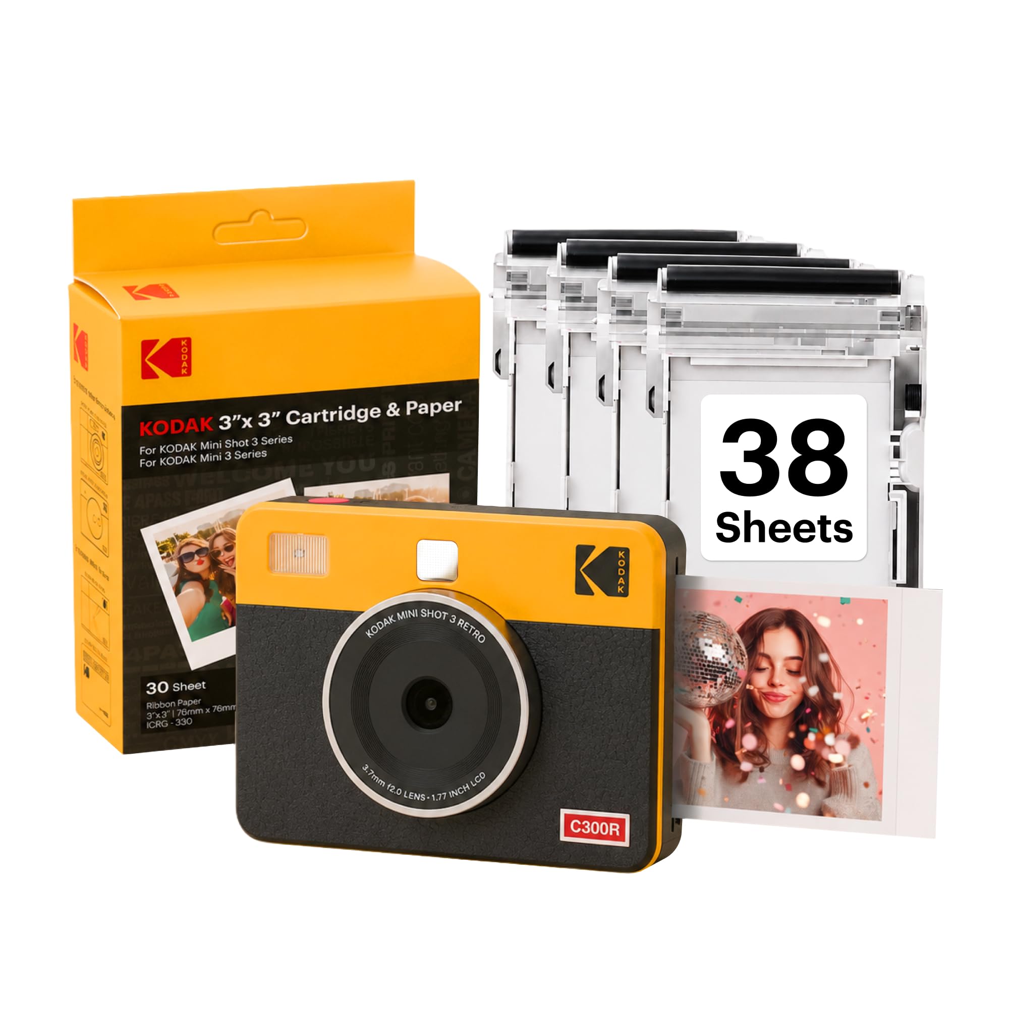 KODAK Mini Shot 3 Retro 3x3 Cámara instantánea, Impresora fotográfica, 38 hojas, Amarillo