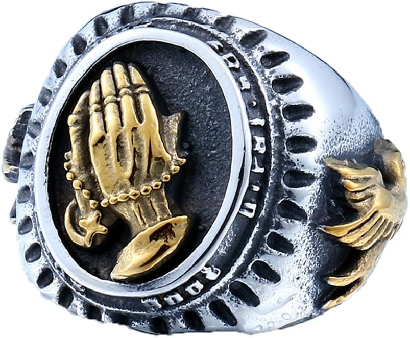 SAINTHERO Men's Vintage Gothic Stainless Steel Rings Prayer Hand of Virgin Mary Punk Biker Rings Size 7-13