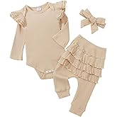 CETEPY Baby Girl Clothes Newborn Romper Long Sleeve Infant Outfits 3Pcs Ruffle Tops + Pants + Headband