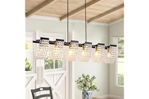Ganeed 6-Light Kitchen Island Lighting,Farmhouse Black Dining Room Chandelier,Vintage Adjustable Linear Pendant Light Fixture with Metal&Crystal Finish(48" Length)