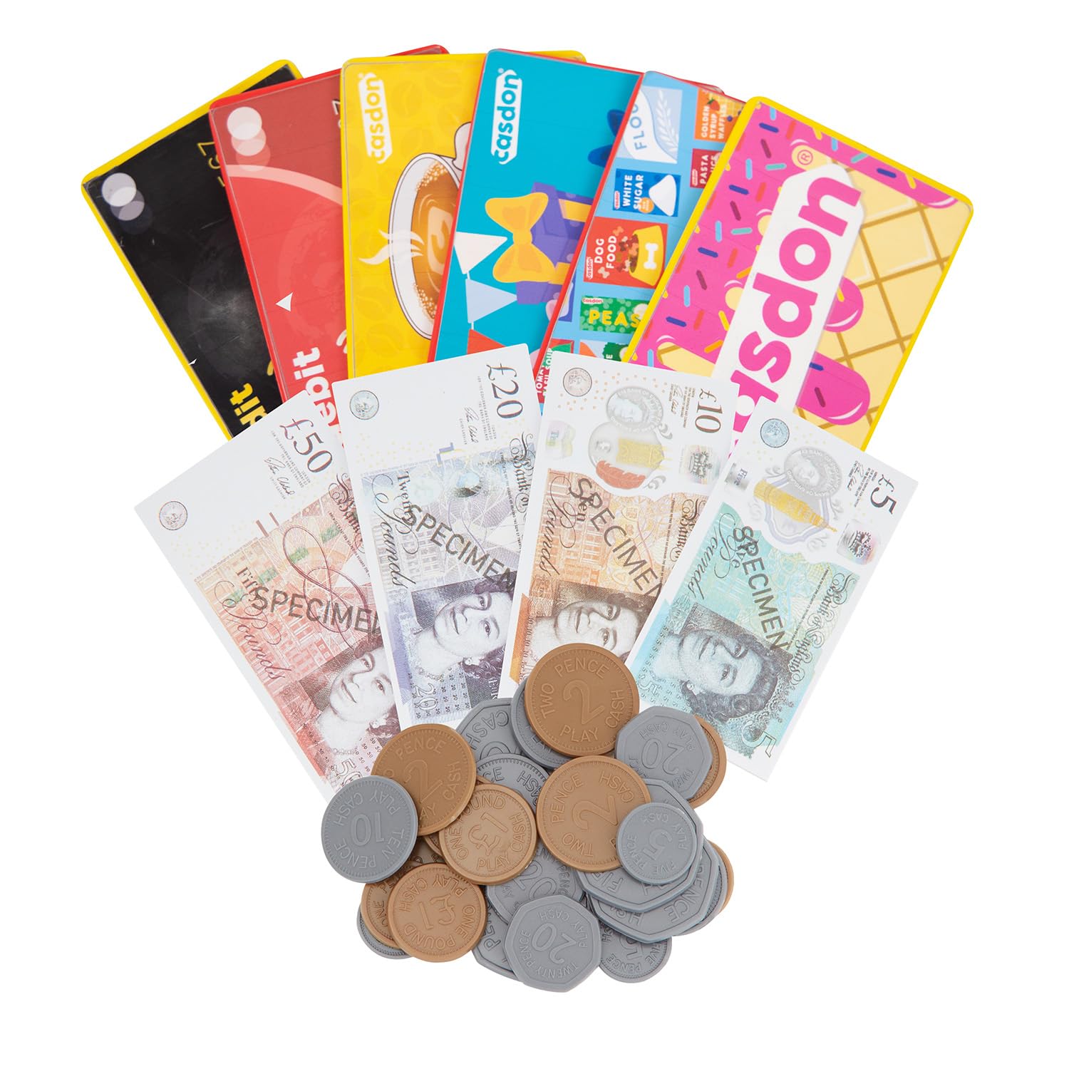 Casdon Play Money & Pretend Play Cards Set (£) | Complete Financial Toy Kit | Includes 80 Play Notes and 40 Coins | Perfect for Kids 3+!