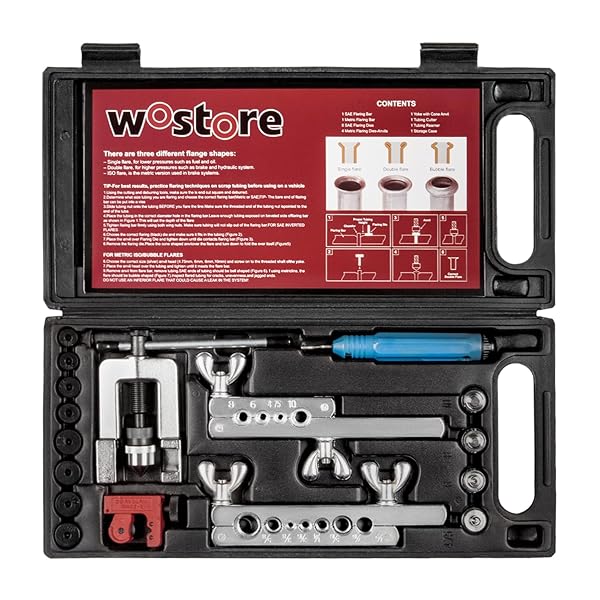 WOSTORE PROFESSIONAL BRAKE LINE FLARE KIT FOR SINGLE, DOUBLE (SAE) FLARES & BUBBLE (ISO) FLARES WITH TUBING CUTTER PIPE REAMER FOR 3/16-5/8″ 7 SIZES