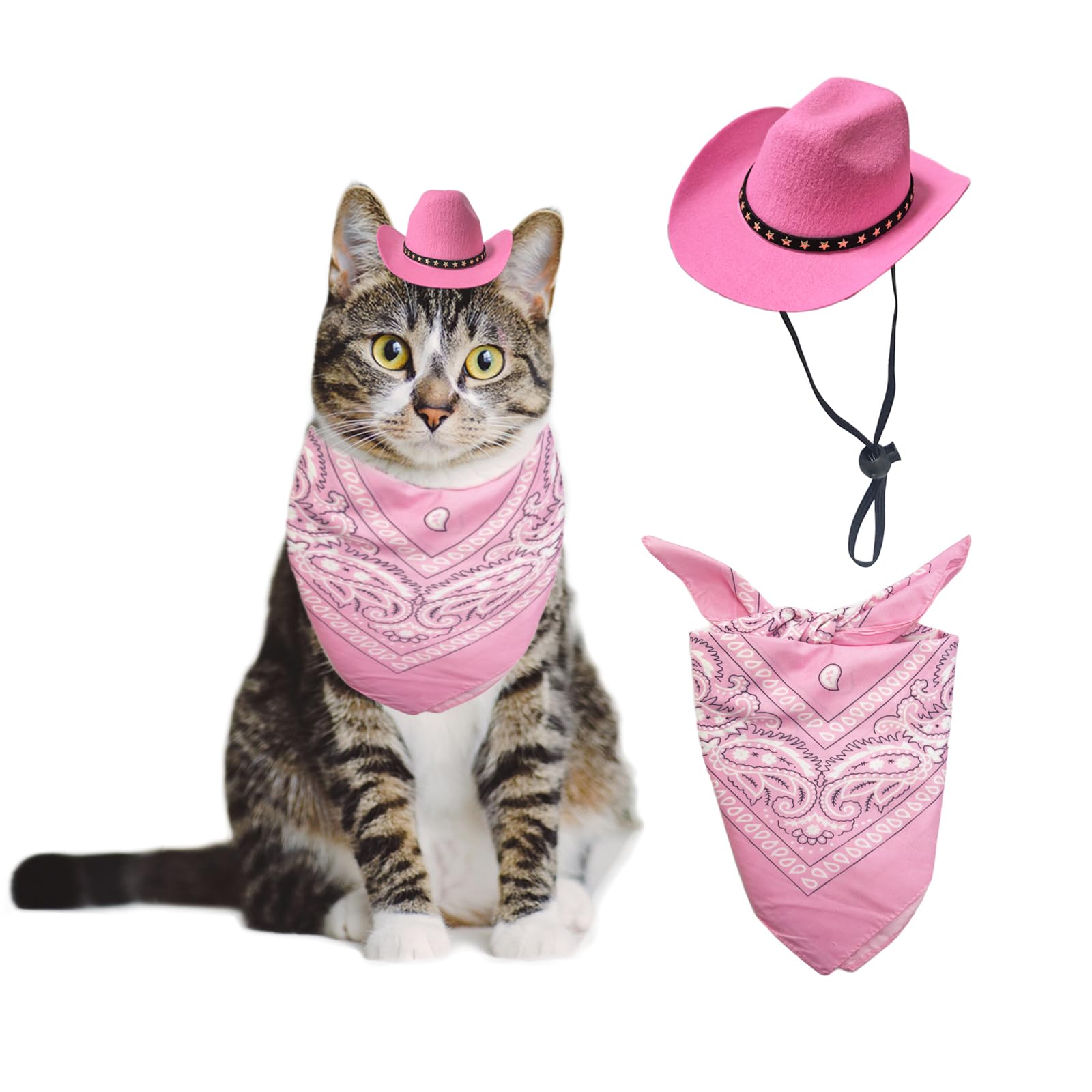 AWOCAN Dog Cowboy Hat Cat Cowboy Hat Mini Cowboy Hat for Dogs Cat Pet Cowboy Costume with Bandana Scarf Holiday Halloween Pet Party Decoration (Pink, Small)