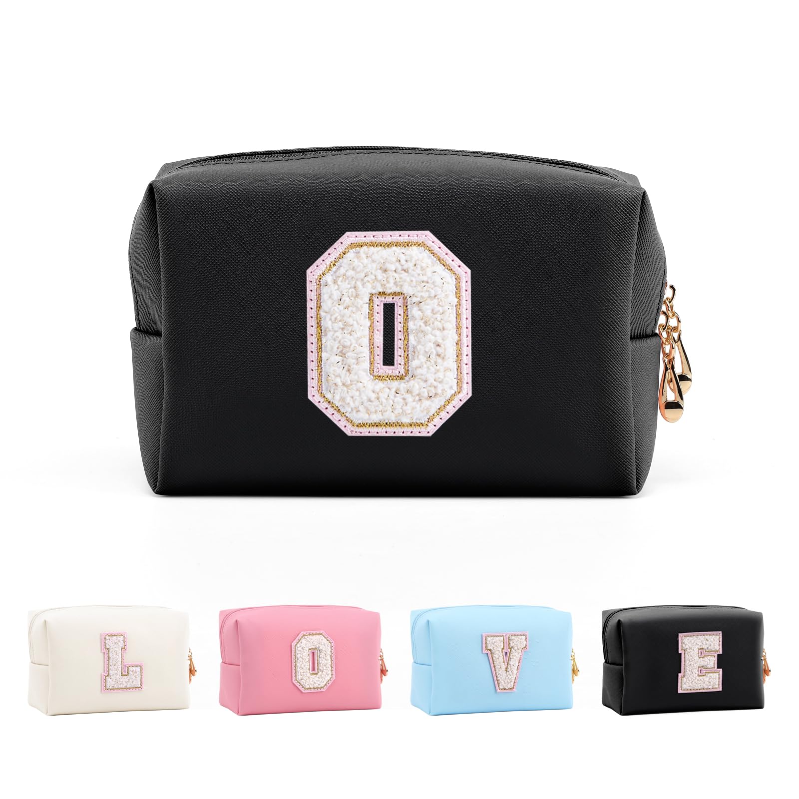 Anntry Small Personalized Initial Letter Makeup Bag, Cute Waterproof PU Leather Chenille Letter Cosmetic Bag Travel Makeup Bag, Preppy Makeup Pouch Toiletry Zipper Pouch Organizer for Women and Girls
