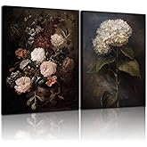 Doqueodas 2 pcs Vintage Floral Canvas Wall Art, Elegant Dark Rose Hydrangea Oil Painting Print Artwork, Rustic Farmhouse Classic Painting Poster Wall Decor, Suitable for Living Room Office12x16 inch