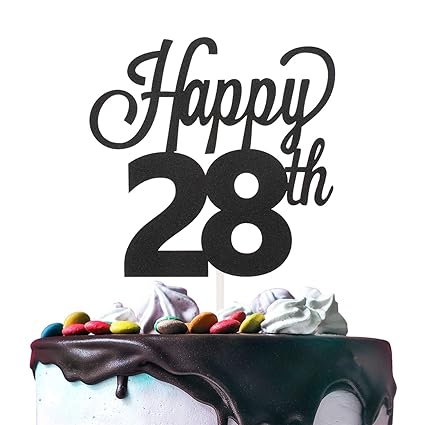 28th Happy Birthday Cake Topper Premium Double Sided Black Glitter