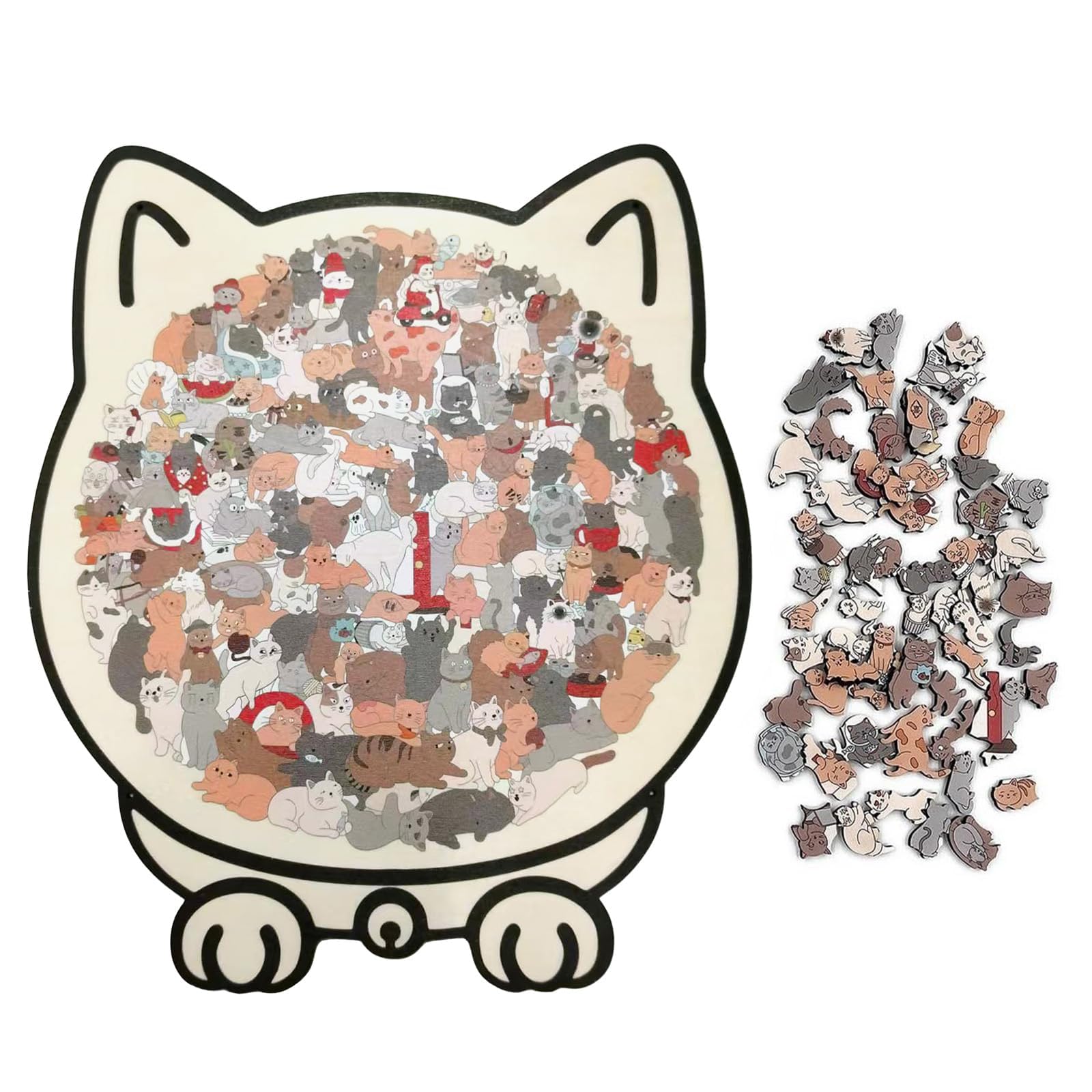 Cat Shaped Puzzle,135-piece Colored Cat Shaped Wooden Jigsaw Puzzle,Framed by Adorable Cats Outline Puzzles, Home Shelf Family Friends Indoor Adults Kids