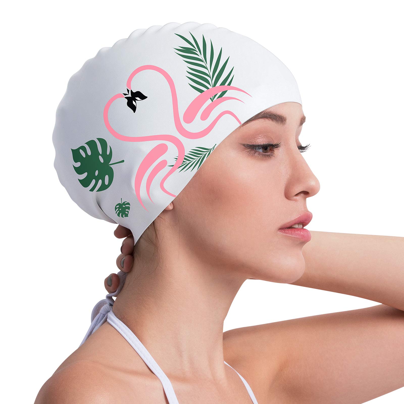 COPOZZ Swimming Cap for Women Ladies Adult, Comfortable Waterproof Silicone Swimming Hat, White Swim Cap for Long Hair (Red Bird)
