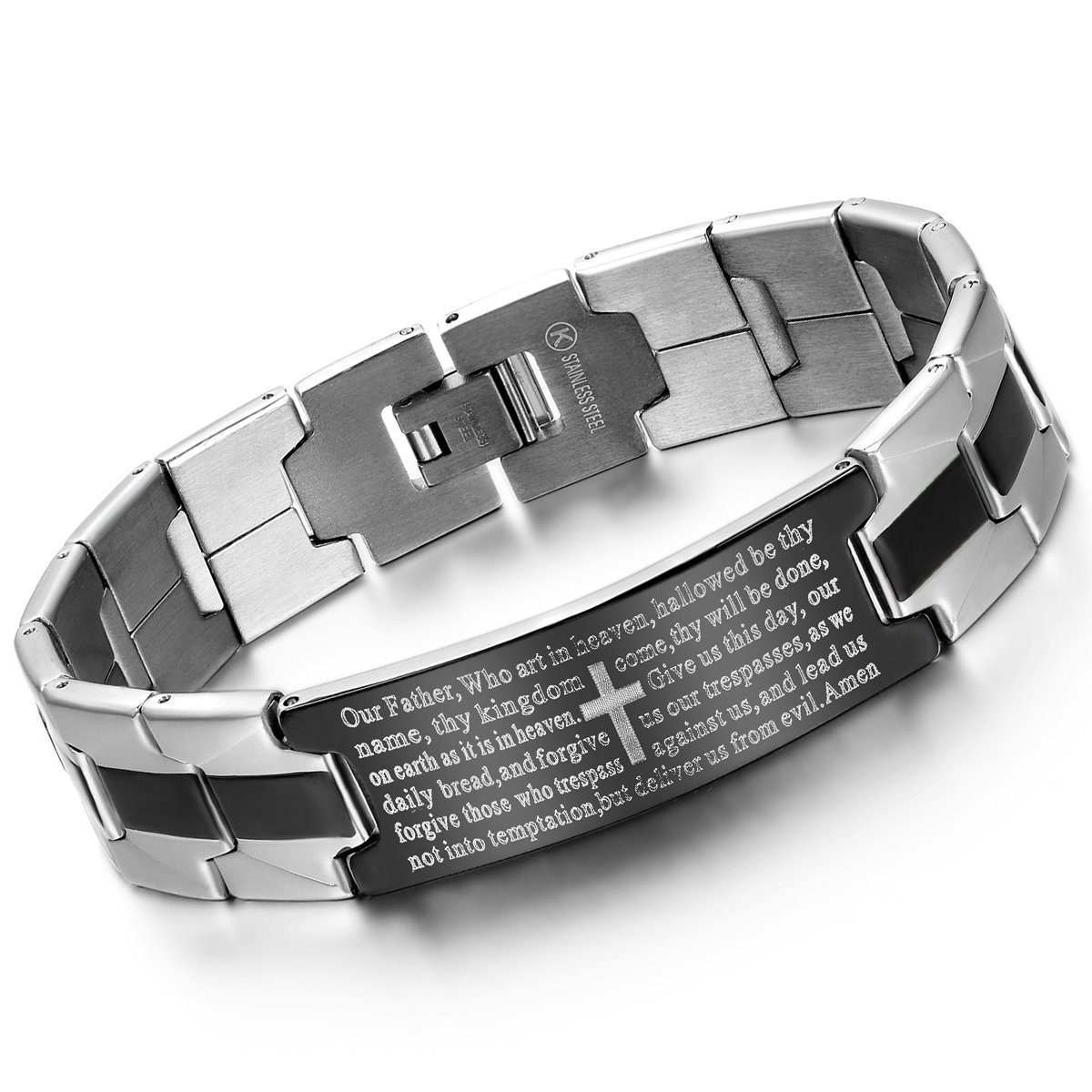 Cupimatch Mens Religious Silver Black Two Tone Stainless Steel English Bible Lord's Prayer Cross Link Chain Bracelet Bangle 8.1 Inch for Fathers Day