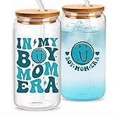 Jutasty Boy Mom Gifts for Mothers Day, 16 oz Coffee Glass Can Cup with Lids Straws, Funny Birthday Gifts Ideas for New Mom, Expecting Pregnant Mother to be