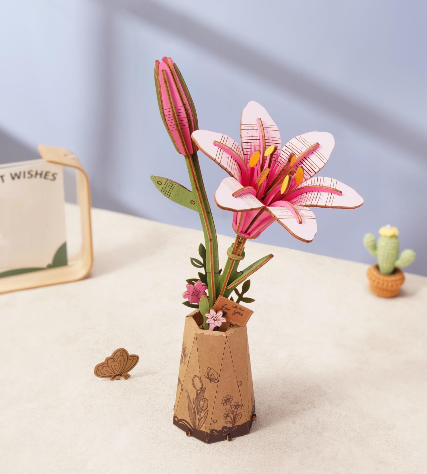 ROBOTIME 3D Wooden Flowers Puzzle Pink Lily, Artificial Bloom Jigsaw, Model Kits for Adults to Build, DIY Craft Set, for Valentine's Day, Mother's Day and Christmas — image 1