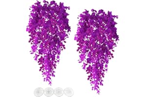 Hamiledyi Fake Reptile Plants 2 Pack Hanging Fake Plants, Plants for Reptiles with Suction Cup, Fake Amphibian Plants for Bearded Dragon Lizard Geckos Chameleon Tank (Red Lotus)