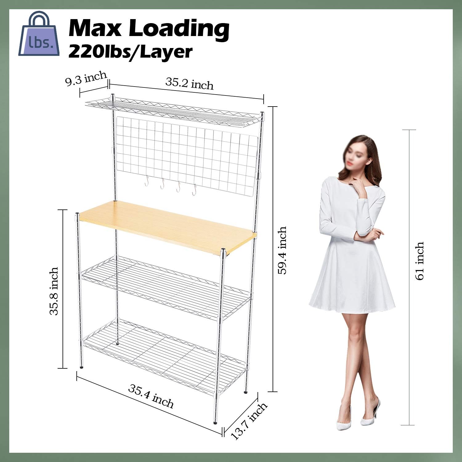 TOOLF Standing Baker's Racks with Wood Table, Kitchen Microwave Oven Stand, 4-Tier Metal Utility Storage Shelf with Mesh Panel, 6 Hooks, Height Adjustable Free Standing Rack for Kitchen, Garage - Standing Baker's Racks