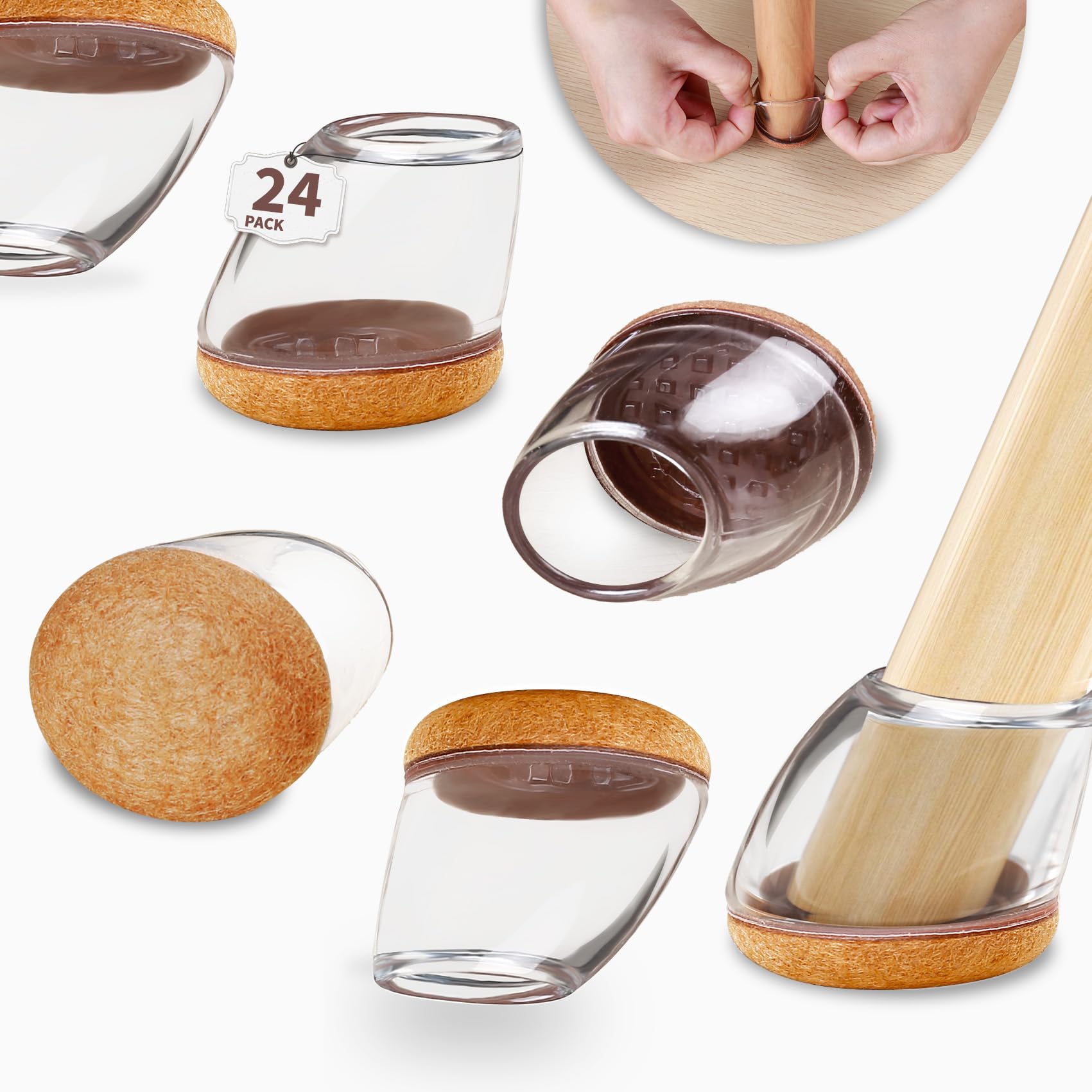 Photo 1 of 24 PCS Chair Leg Protectors for Hardwood Floors, Round Silicone Cups with Felt Pads for 15-25° Slanted Legs, Table Chair Leg Covers to Protect Floors, Anti-Scratch & Noise(Clear, Fit 1.1"-1.4")