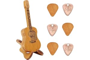 CHEVIXOR Wooden Guitar Pick Holder Box With Stand, Acoustic Guitar Pick Case With 6 Pcs Picks