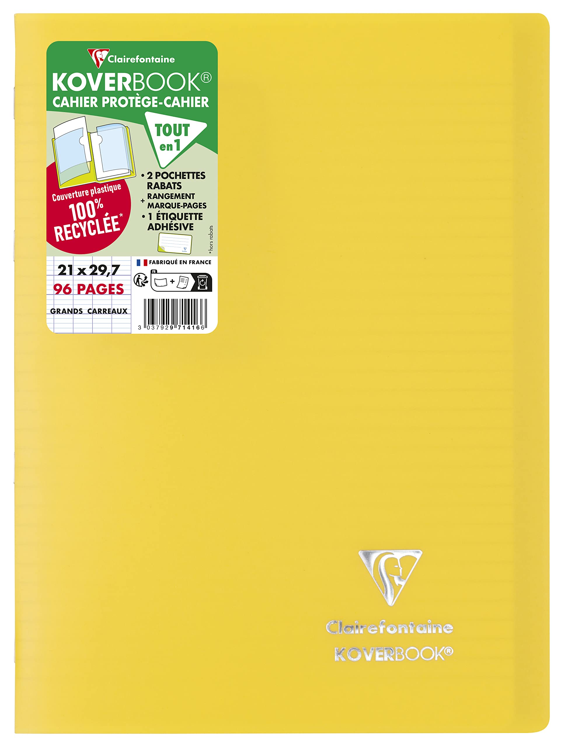 Clairefontaine 971416C - One Yellow Koverbook Stapled Notebook - A4 21x29,7 cm - 96 Seyes Ruled Pages - 90 g White Paper - Recycled Polypro Opaque Cover
