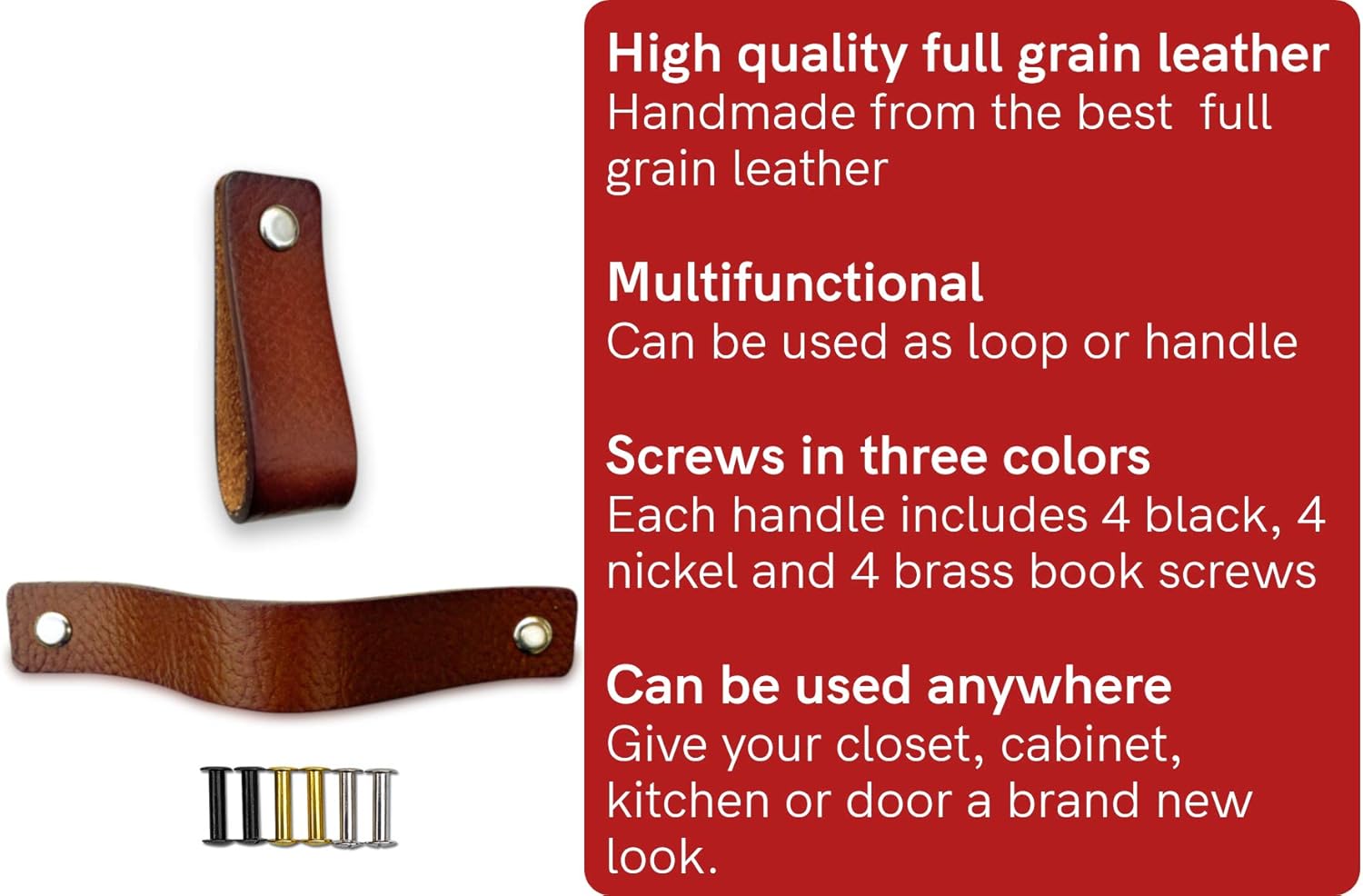 Brute Strength, Leather Handles for Furniture, Cognac, 2 pcs, 16,5 x 2,5 cm, Cabinet Handle, Door Handle for Kitchen Bathroom - Image 3