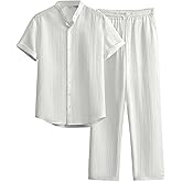 RoseSeek Men's 2 Piece Beach Vacation Linen Outfits Button Down Short Sleeve Shirts and Straight Leg Pants Set