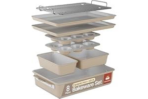 Cream 8-Piece Ceramic Coated Bakeware Sets, Nonstick Aluminized Steel Pans with Muffin, Loaf, Cake, Roasting, Sheet Pans & Co