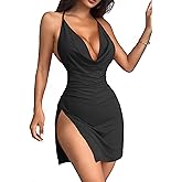 JOTWIS Women's Sexy Backless V Neck Mini Dress High Slit Club Night Out Party Cocktail Dresses