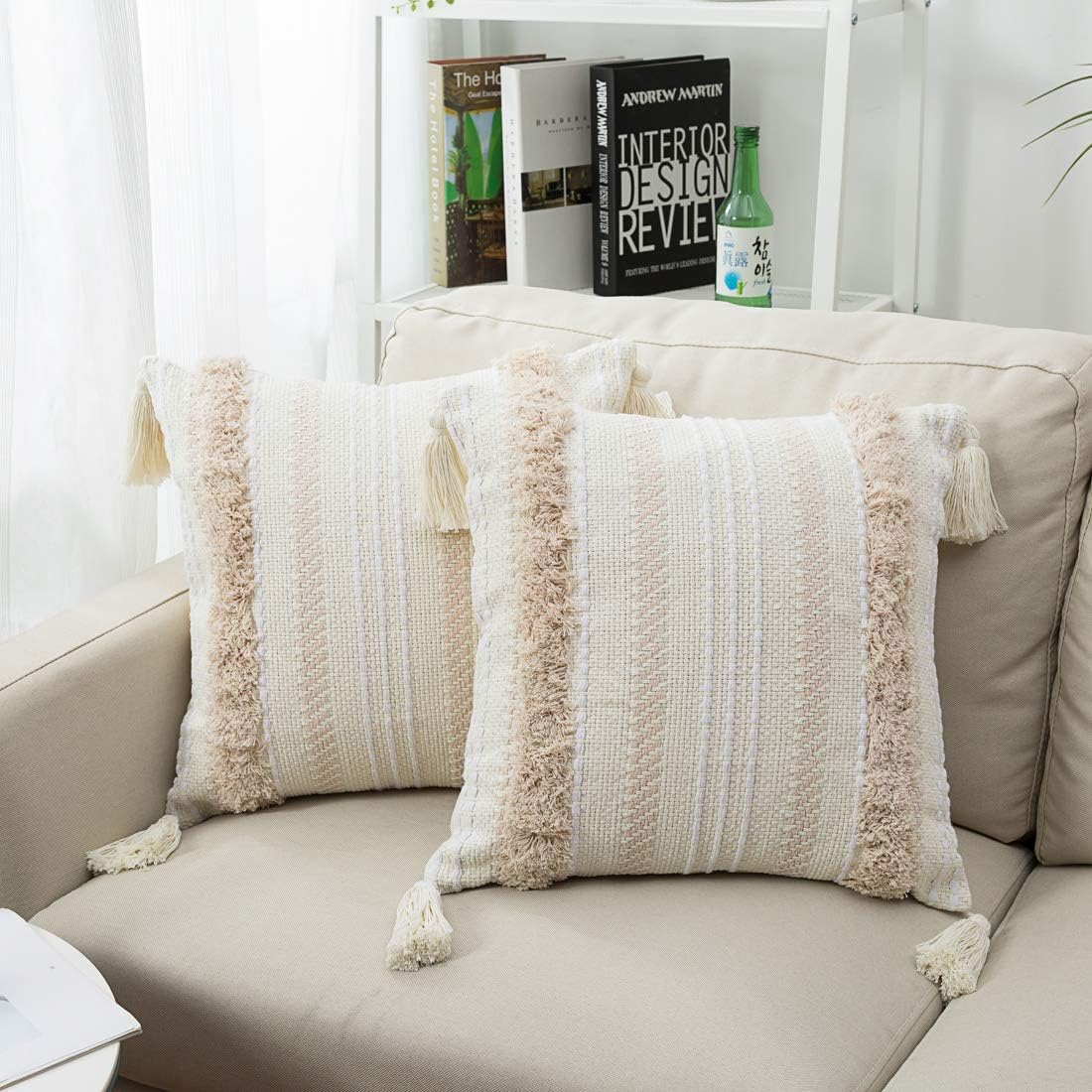blue page Boho Neutral Decorative Throw Pillow Covers, Woven Tufted Pillows Cover for Couch Sofa Bedroom Living Room, Indoor Outdoor Pillow Cases with Tassels (18X18 inch, Yellowy Cream): Home & Kitchen