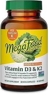 MegaFood Vitamin D3 5000 IU (125 mcg) - Vegetarian Supplements with Vitamin D3 K2 - Supports Bones, Teeth, Muscles & Immune H