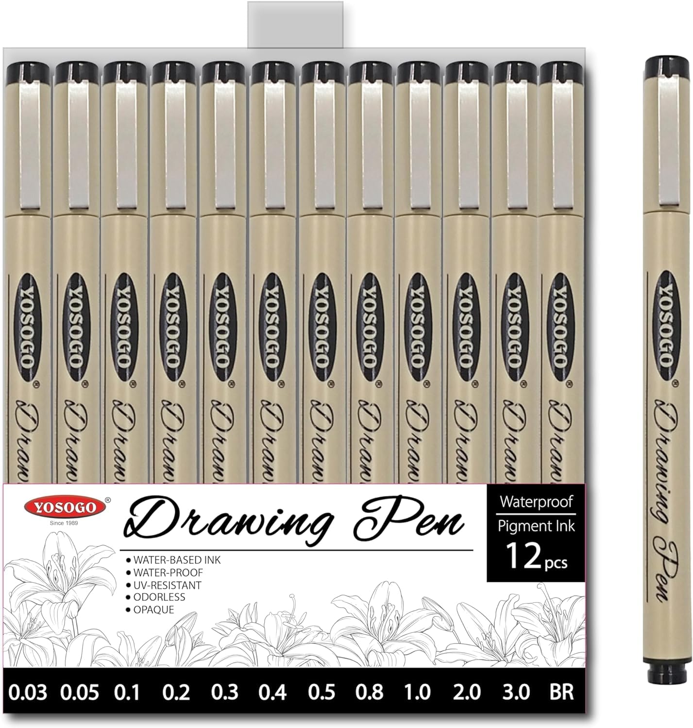 Yosogo Drawing Pen Set – 12 Waterproof Pigment Fineliners + Brush (0.03–3.0 mm) – Fast-Dry, Archival, Odourless Ink for Sketching, Technical Drawing, Manga & Journaling