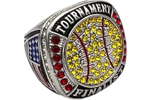 GENERIC Discount Sports Rings BALL FINALIST RING — SILVER BODY, RED LACES, YELLOW STONES, Premium Baseball Ring/Player/Team Awards/Tournament Ring 4-29