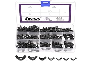 Swpeet 135Pcs Black High Strength Carbon Steel Serrated Metric Wing Nuts Butterfly Nuts Hex Dome Cap Assortment Kit, 7 Sizes 
