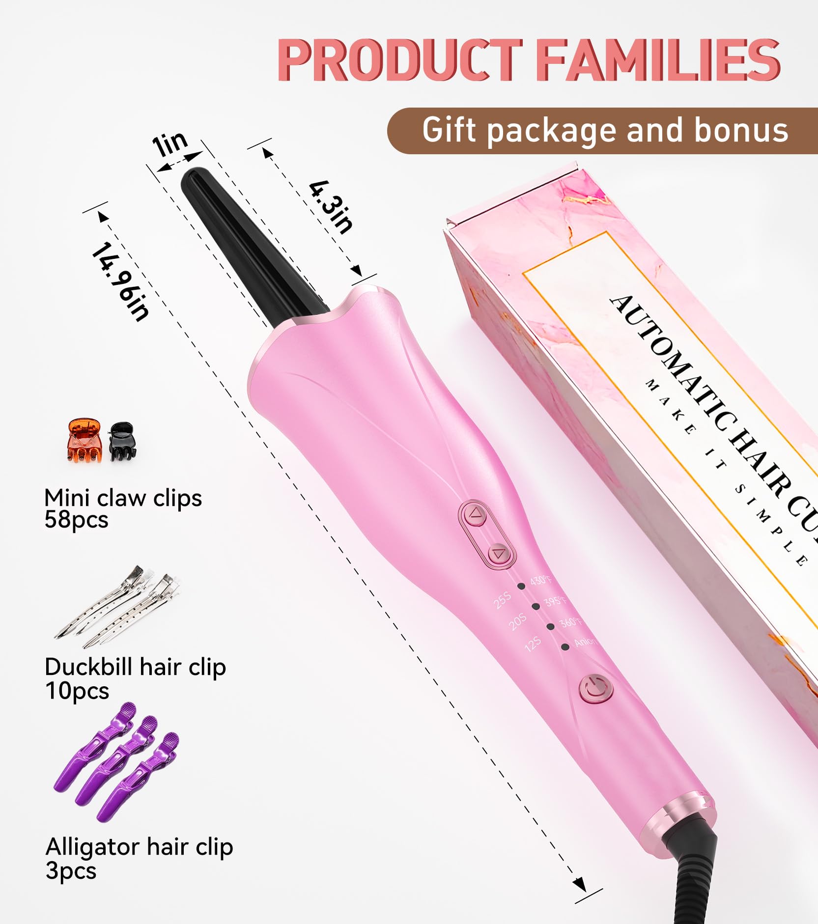 Automatic Curling Iron, Curling Wand Self Rotating for Medium and Long Hair, with Guider Rod - Easy to Use, No Burns, No Tangle, Fast Curl, 1 Inch, Dual Voltage, Automatic Hair Curler for Teen Girls