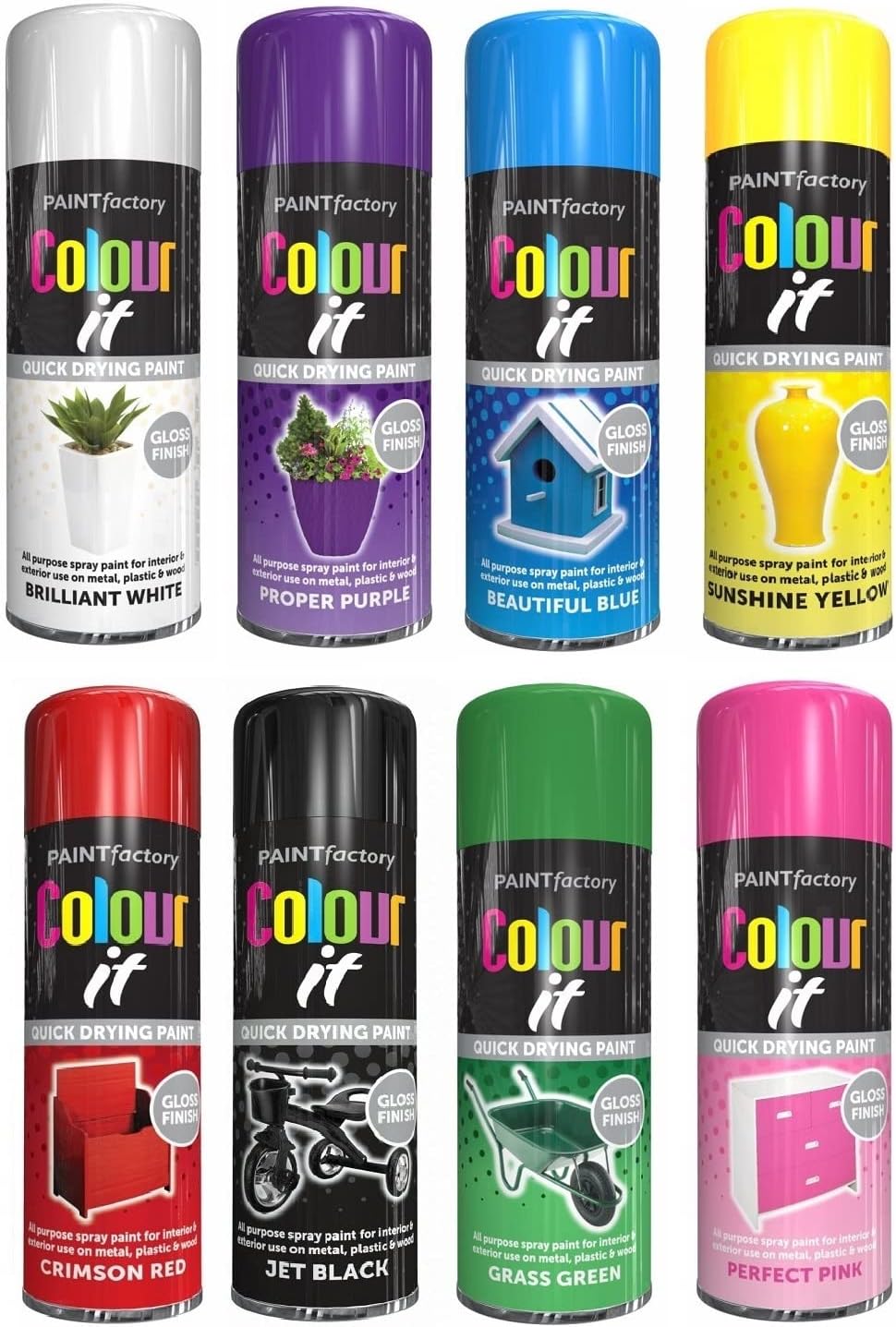 SuperGift 8 Cans 250ml Gloss Finish Multipurpose Aerosol Spray Paint Quick Dry