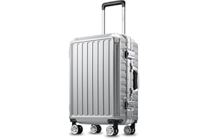 LUGGEX Carry On Luggage with Aluminum Frame, 36L Polycarbonate Zipperless Luggage with Wheels, Silver Hard Shell Suitcase 4 Metal Corner