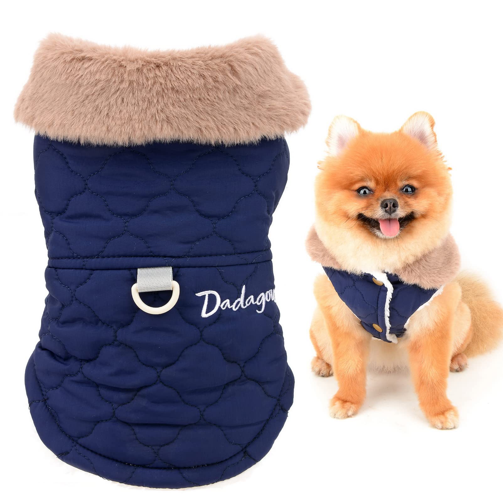 SMALLLEE_LUCKY_STORE Pet Furry Collar Quilted Jacket Winter Coat Vest with D-ring for Small Medium Dog Cat Sherpa Fleece Lined Puppy Chihuahua Yorkie Warm Cold Weather Clothes,Blue,L