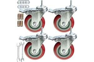 AOCHENLY Heavy Duty Stem Caster Wheels Double Bearing PU Castors No Noise Swivel Casters M8-1.25x25mm 4 Packs with Dual Locking (4 Inch,With Brake)