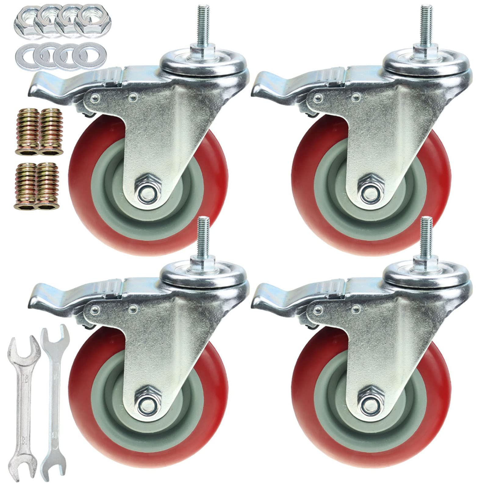 Photo 1 of Heavy Duty Stem Caster Wheels Double Bearing PU Castors No Noise Swivel Casters M8-1.25x25mm 4 Packs with Dual Locking (4 Inch,With Brake)