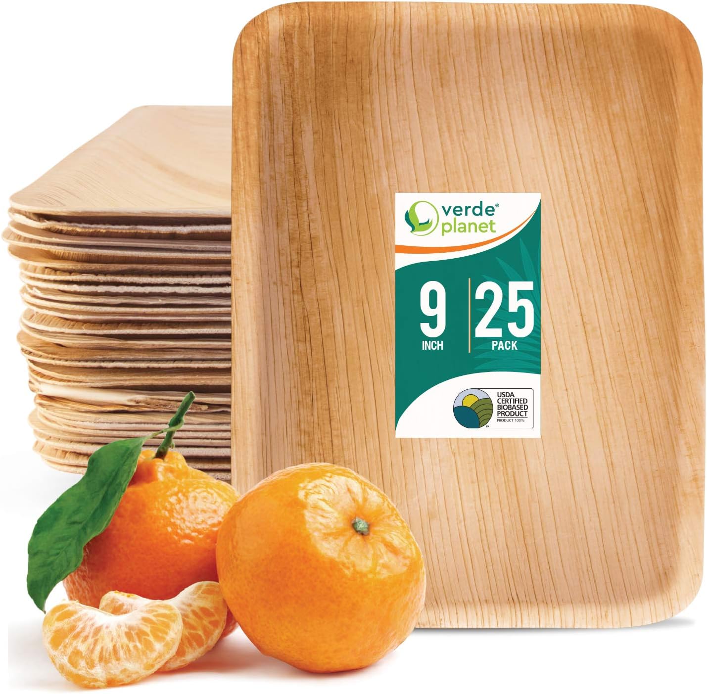 Verde Planet - Palm Leaf Plates - Ecological, Premium, & Disposable - Solid, Stylish Dinnerware for Spring, Weddings, Thanksgiving, and Other Events - Pack of 25, 9", Rectangle Flat