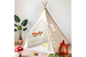 little dove Teepee Tent for Kids Foldable Teepee Play Tent with Carry Case, Banner, Fairy Lights, Olives Branches, Four Poles Style Raw White Color - New Version Tiny House