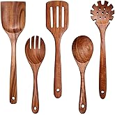 Wooden Spoons for Cooking Non-Stick Kitchen Pan Toolset 5 PCS Set,Natural Kitchen Utensils Spatula, Wooden Cooking Utensils Spoons, Fried Spatula and Salad Fork, Pasta Spoon, Wooden Spoon Set