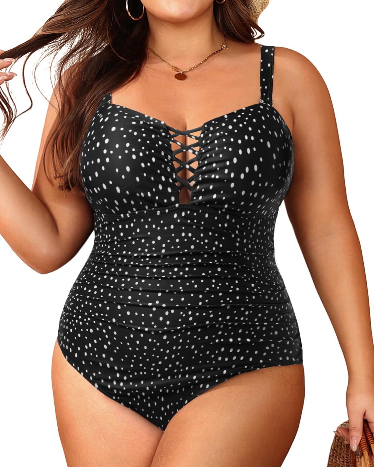 Photo 1 of Women Plus Size One Piece Swimsuit - Tummy Control Bathing Suits Ruched Lace up Swimwear Bandeau Retro Swimsuits 2025 Black Dot 22Plus