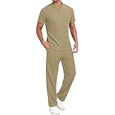PrinStory Men's Short Sleeve Outfits Waffle Knit Henley Shirt and Pants Set Casual 2 Pieces Summer Tracksuits with Pockets