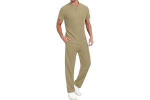 PrinStory Men's Short Sleeve Outfits Waffle Knit Henley Shirt and Pants Set Casual 2 Pieces Summer Tracksuits with Pockets