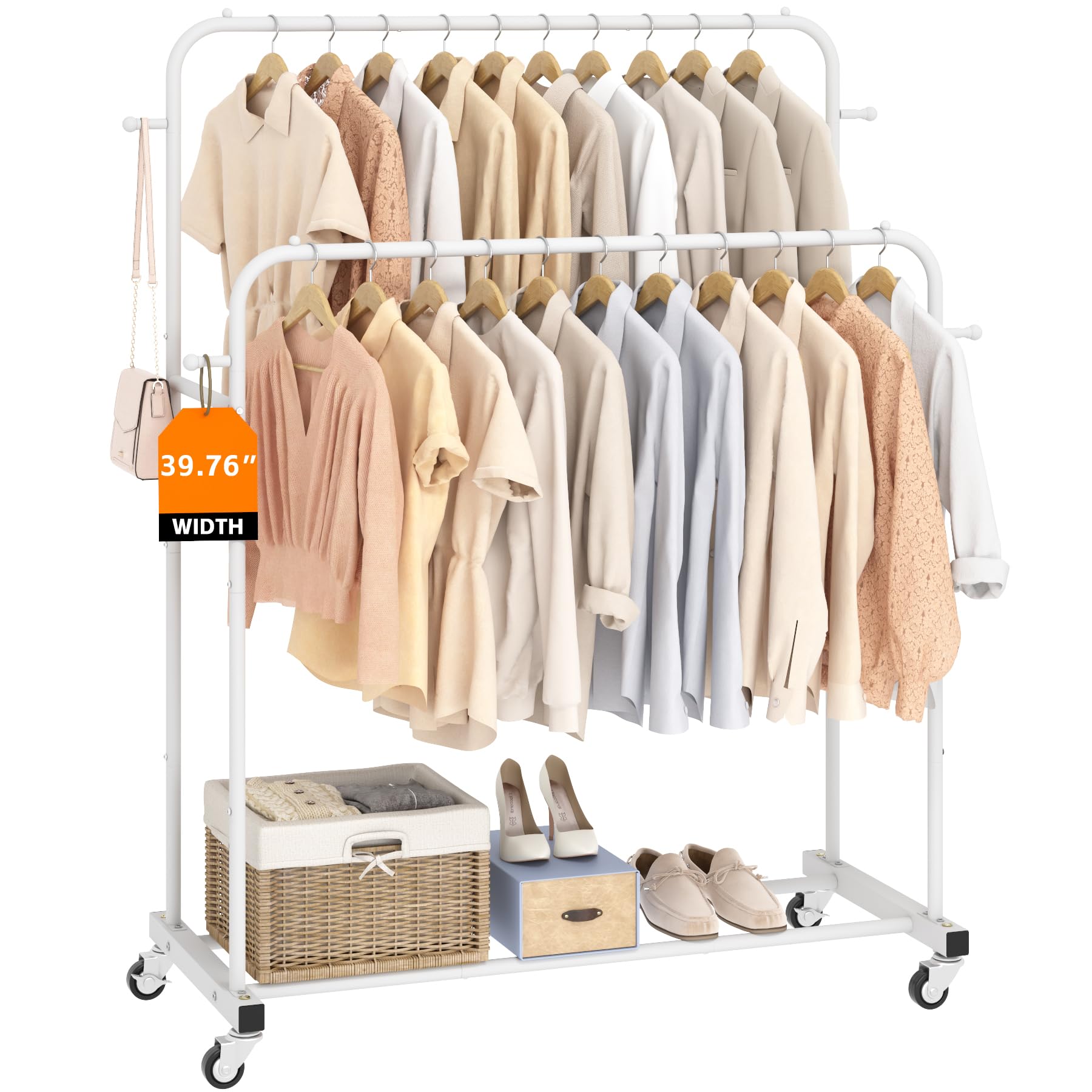 Photo 1 of Laiensia Double Rods Garment Rack with Wheels, Clothing Rack for Hanging Clothes,4 Hooks, Multi-functional Bedroom Clothes Rack, White