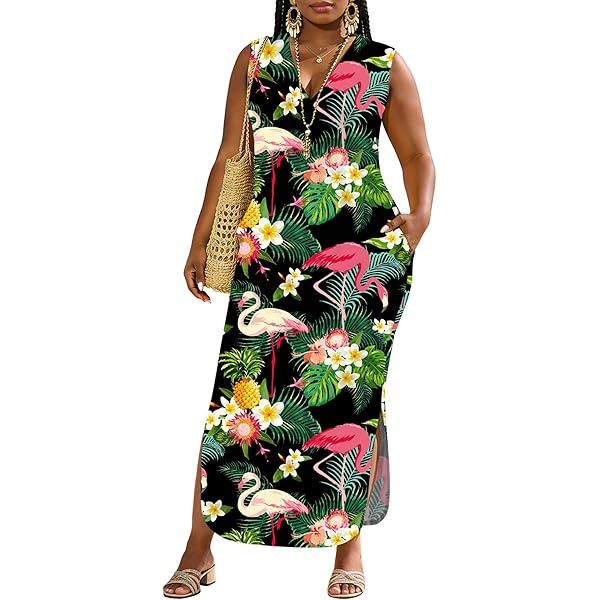 UOUA Hawaiian Dresses for Women Plus Size Sundress Luau Party Summer Curvy  Maxi Tropical Boho Beach Dress Blue L at Amazon Women's Clothing store