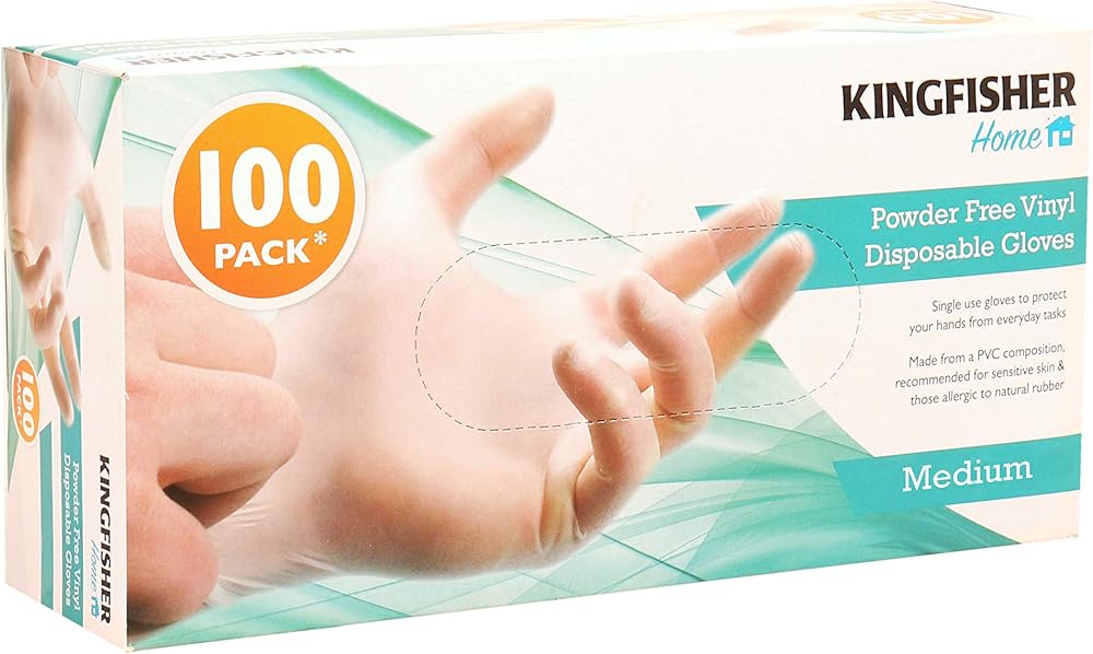 Kingfisher KGV6 Powder Free Vinyl Disposable Gloves, Medium, 100 Pieces