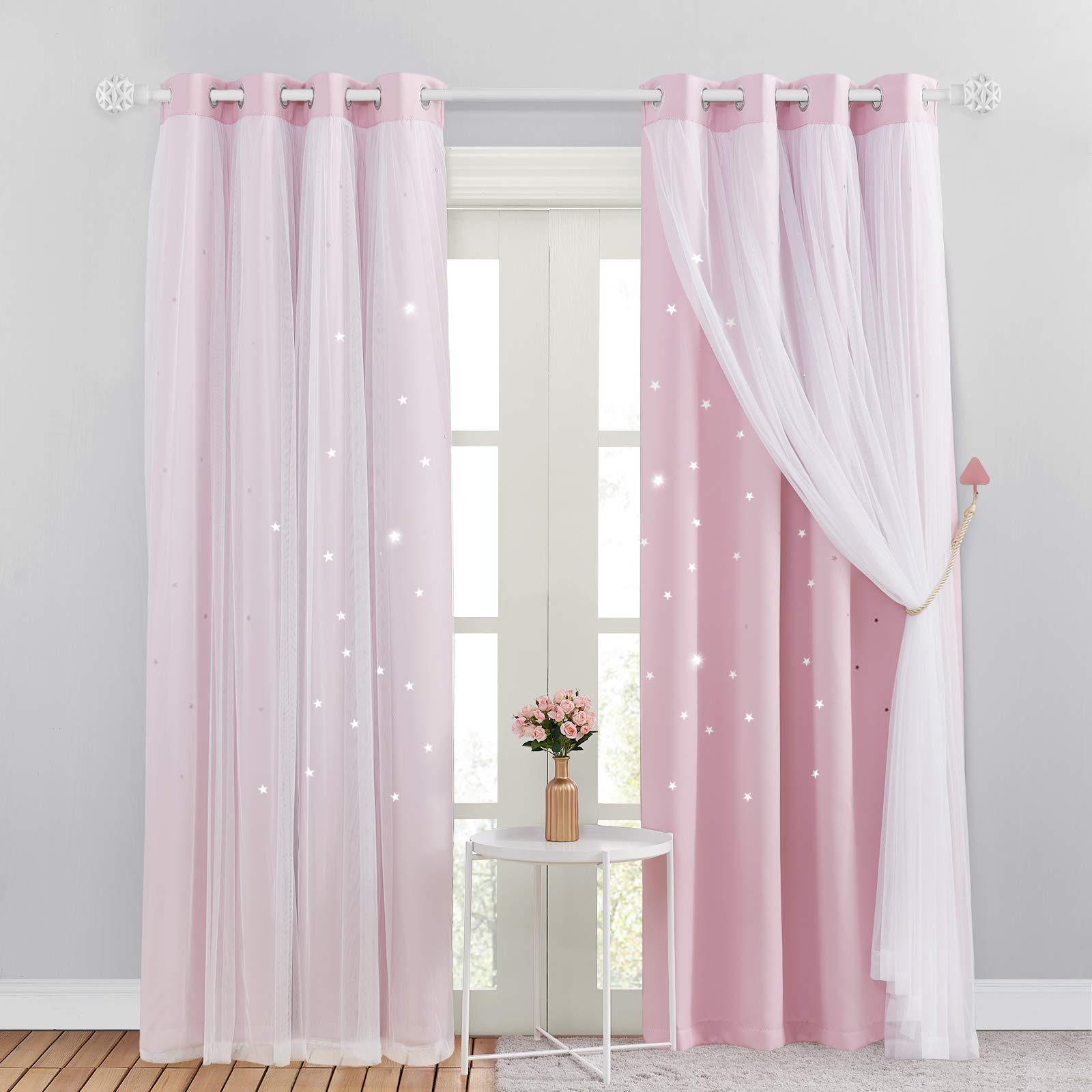 NICETOWN Blackout Curtains for Bedroom - Stars Cut Out Curtains for Kids Nursery Girls Living Room Thermal Curtains Drapery with Eyelet for Windows, 2 Panels, W52 x L95 Inch (132x241 cm), Pink