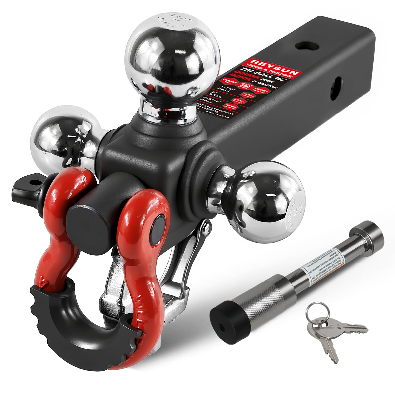 Photo 1 of REYSUN Trailer Hitch Tri-Ball Mount: with Swivel Tow Shackle and Tow Hook, fits for 2-inch Receiver, Chrome Trailer Ball Size 1-7/8", 2" and 2-5/16" and 5/8" Hitch Lock Pin