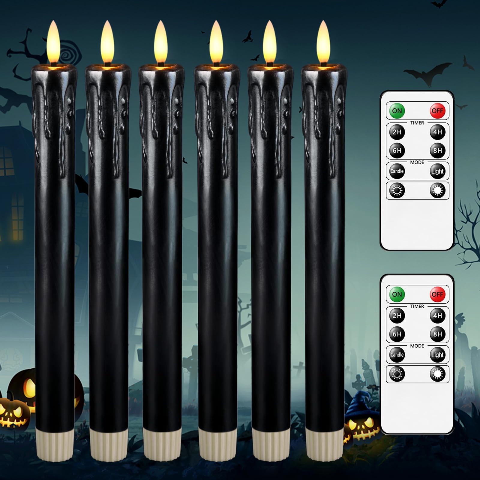 Photo 1 of Lezonic Black Flameless Taper Candles Battery Operated with Remote, Long LED Candlesticks Flickering Real Wax Set of 6, 9.5 inch Battery Candles with Realistic 3D Flame for Halloween